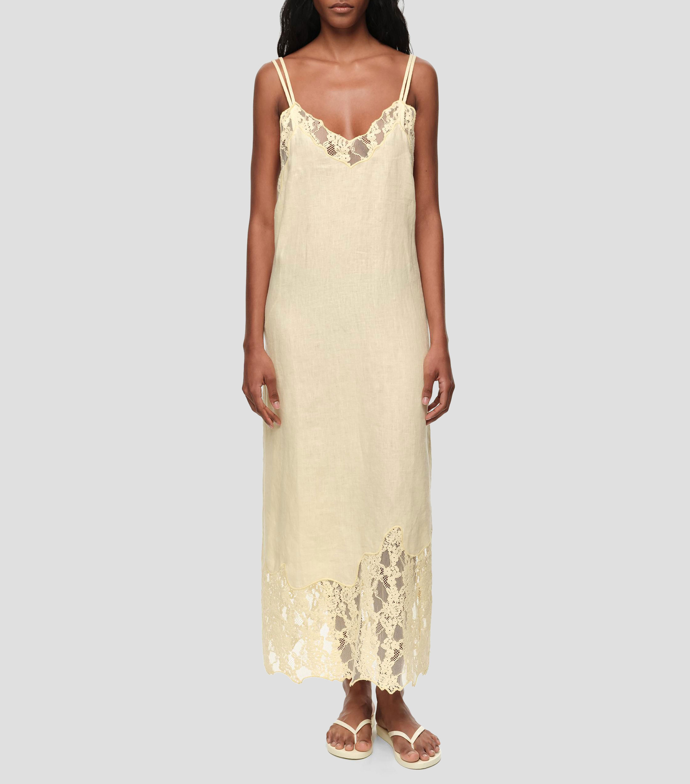 Vestido escote en V encajes lino lavado Mujer